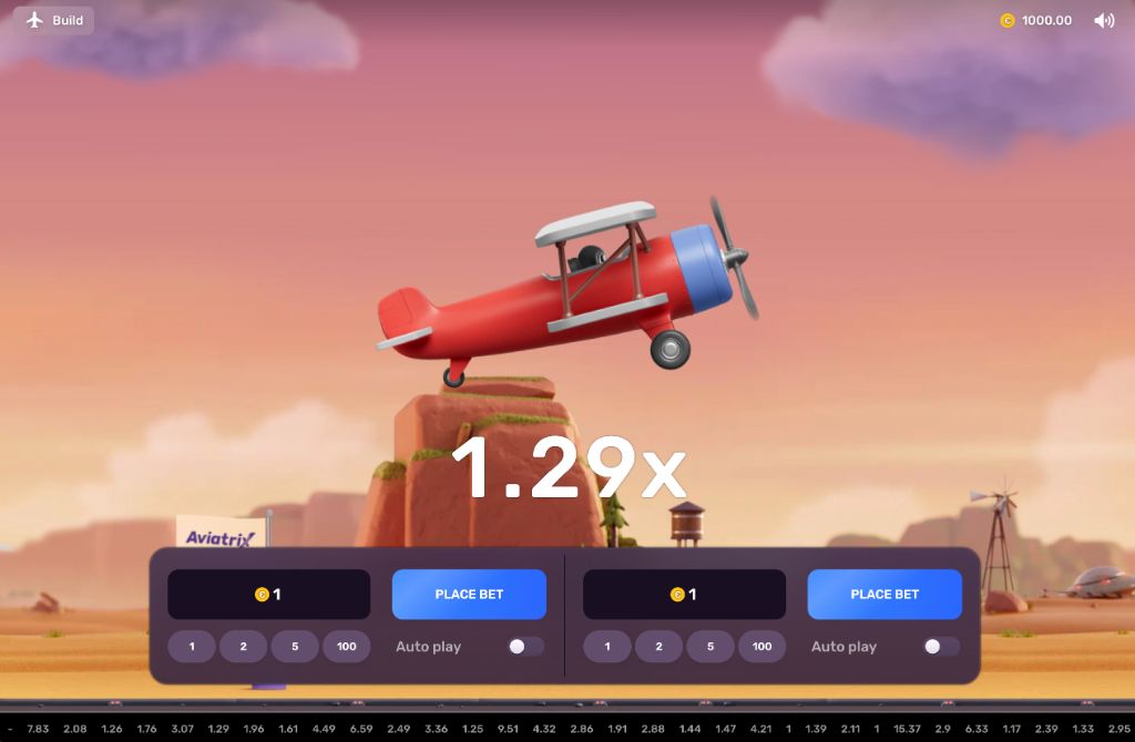 Игровое поле Aviatrix с биплана и множителем 1.29x на фоне пустыни
