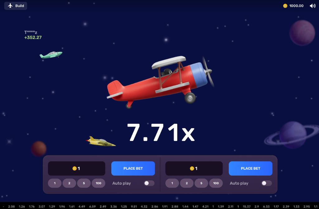 Игровое поле Aviatrix в космической локации с множителем 7.71x